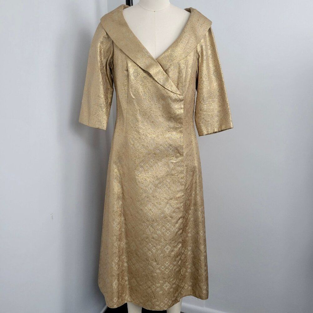 Vintage Watters & Watters Gold Metallic Brocade Jacquard Cocktail Dress Regency